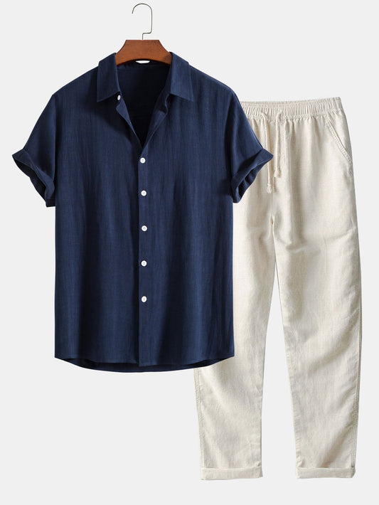 Linen-Blend Button-Up Shirt & Straight-Leg Pants