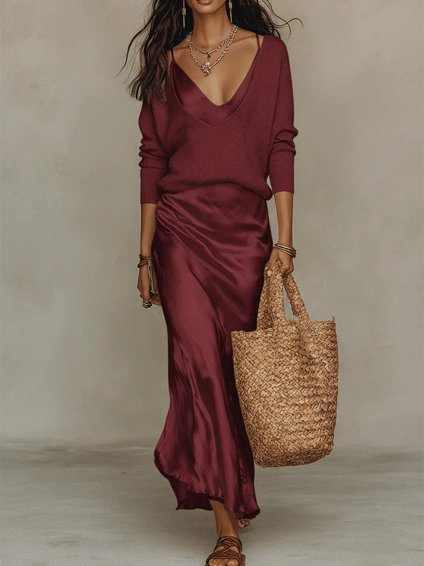 Elena Satin Midi Dress & Sweater Set