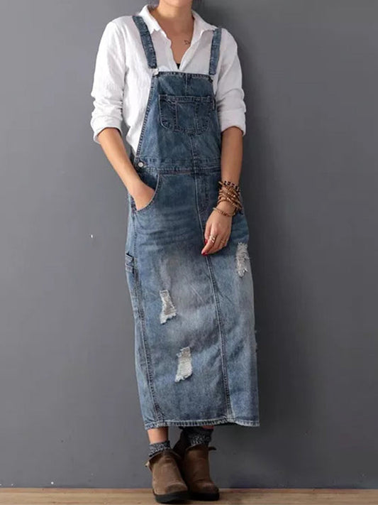 Distressed Denim Overall Dress