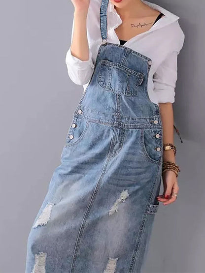 Distressed Denim Overall Dress