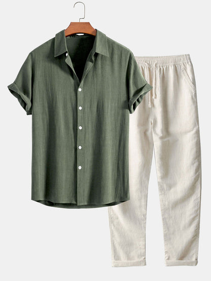 Linen-Blend Button-Up Shirt & Straight-Leg Pants